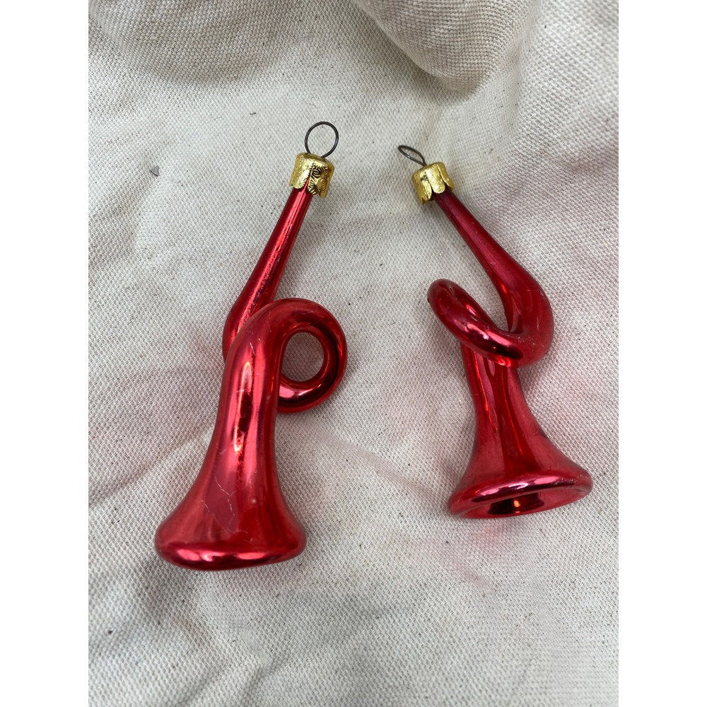 Vintage‎ Red Horn Christmas Ornaments Set of 2 Shiny Trumpet VTG blown-glass